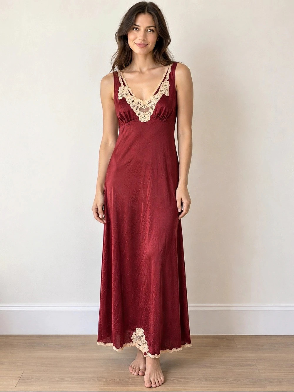 Vintage Vanity Fair Burgundy Nylon Lace Maxi Nightgown Size 32 Made in USA